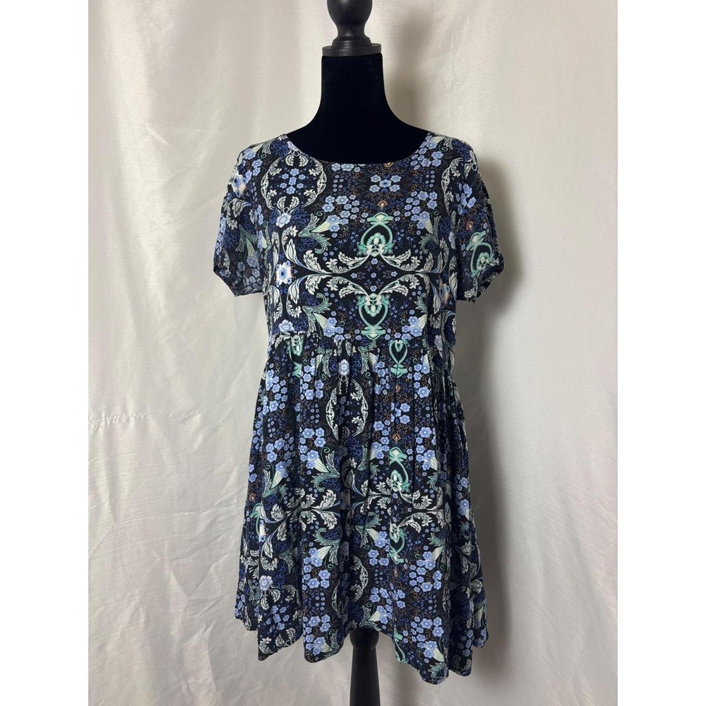 Forever 21 Floral Grunge Babydoll Mini Dress Blue Boho Short Sleeve Medium